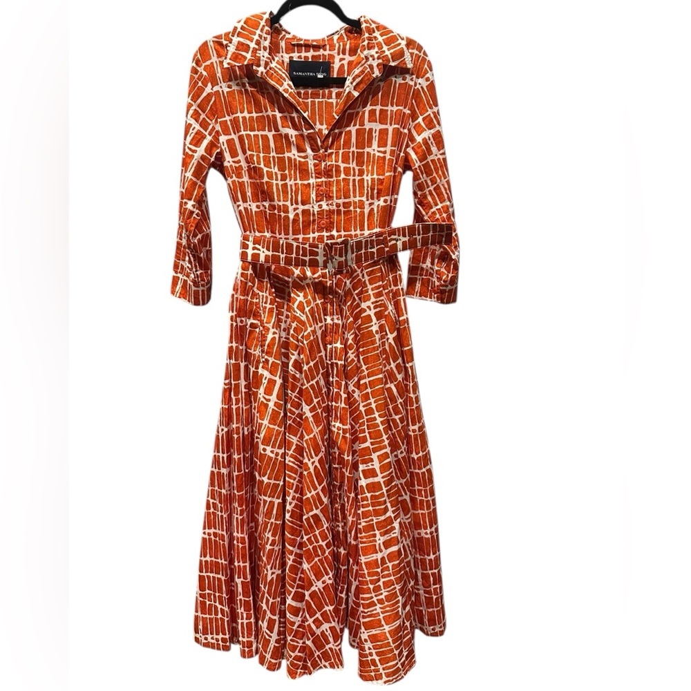 SAMANTHA SUNG Vibrant Orange and White Long Sleeve Dress size 8